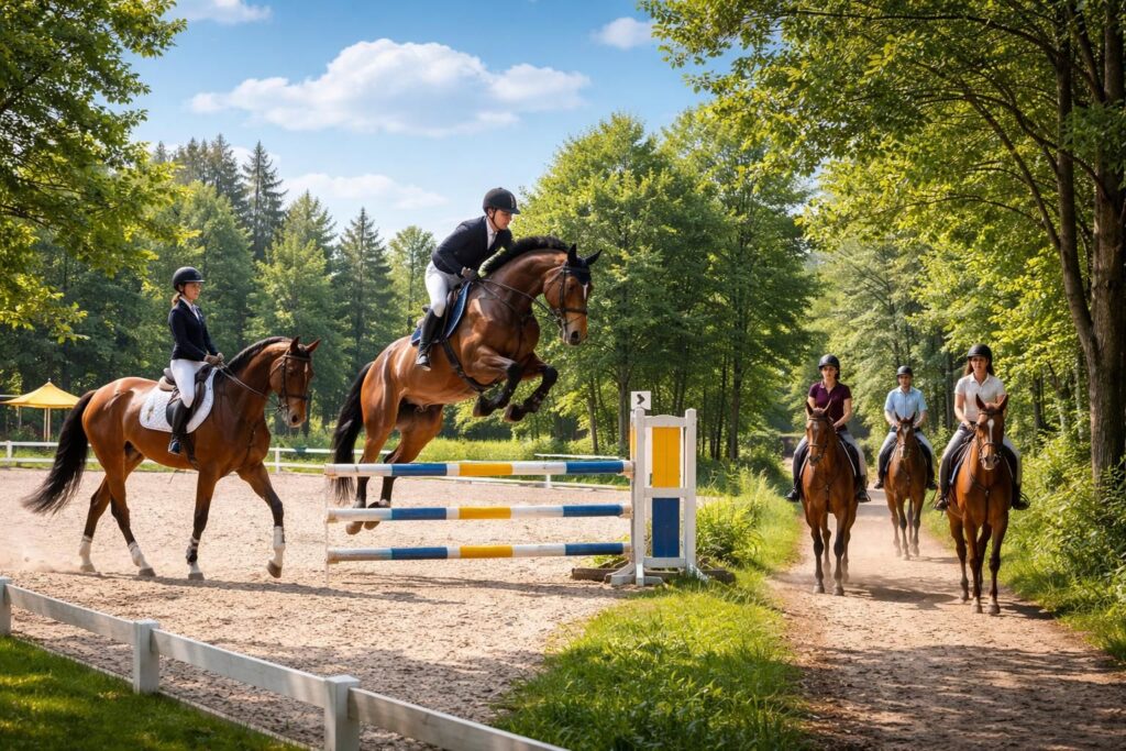 Équitation et sports équestres avec leçons de dressage, saut d’obstacles et balades à cheval