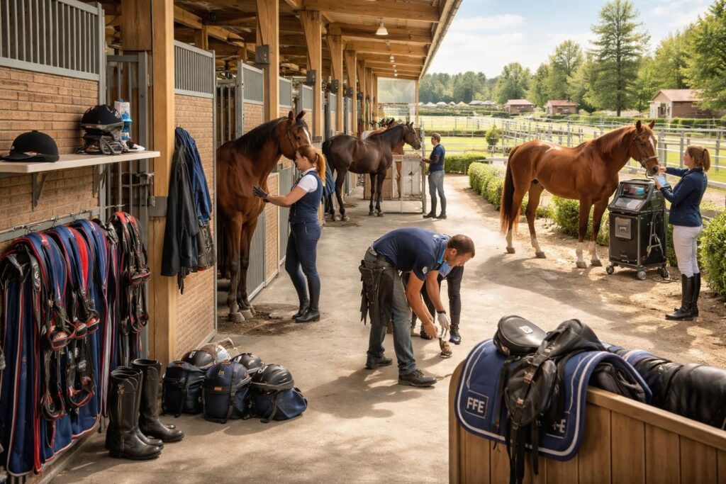 Services équestres pour centres hippiques professionnels avec matériel FFE et soins chevaux