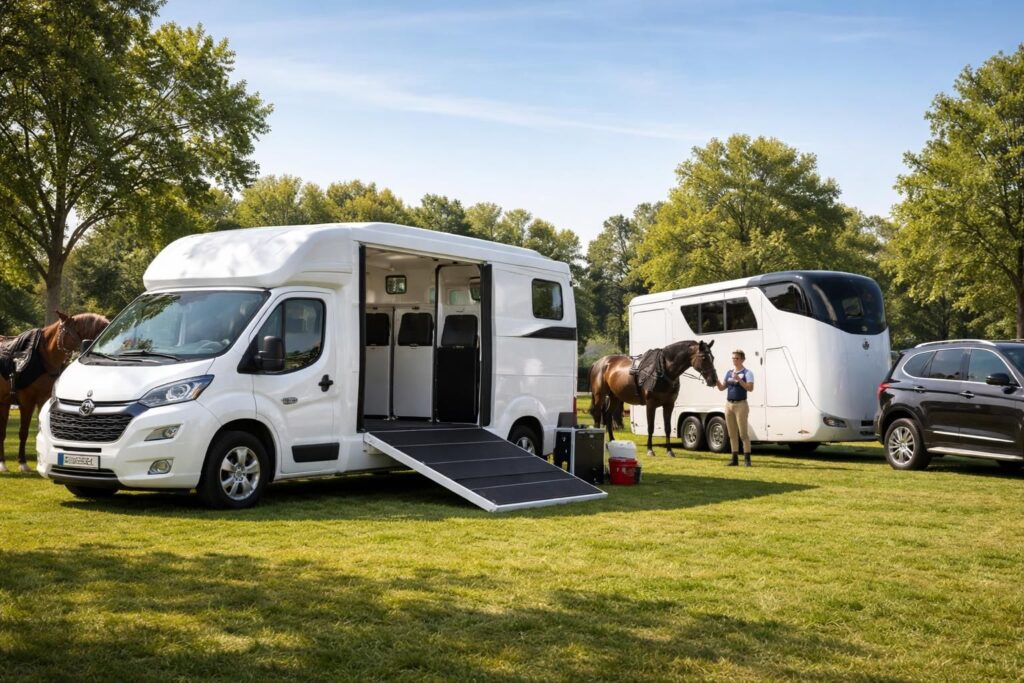 Transport équestre avec van chevaux Fiat Ducato ou remorque pour compétitions hippiques