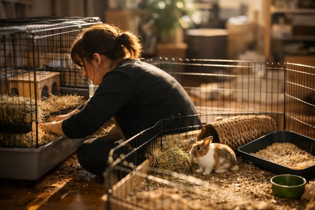 Cage pour lapin nain : la taille minimale, l&rsquo;enclos, la litière
